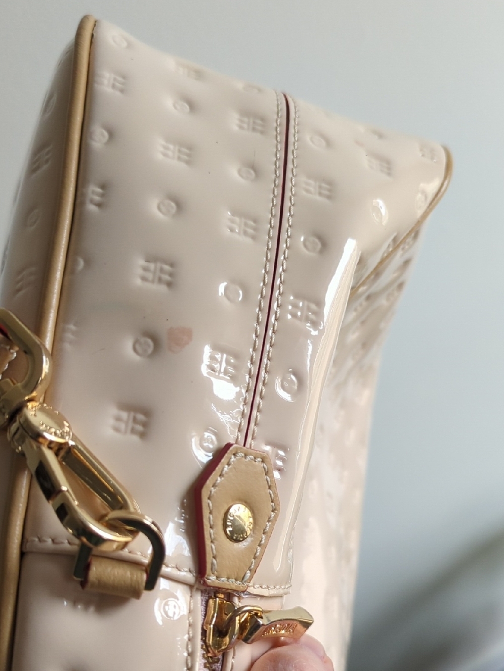 Arcadia Classic Patent Leather Satchel Crossbody with Gold Hardware and Tan Trim - Picture 9 of 9